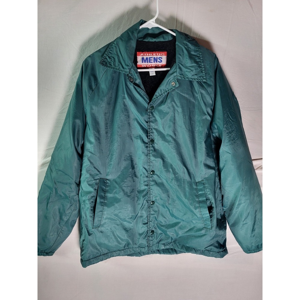 Vtg 90s Athletic Works Coaches Jacket Made in USA Teal Green Sherpa Lined Mens L